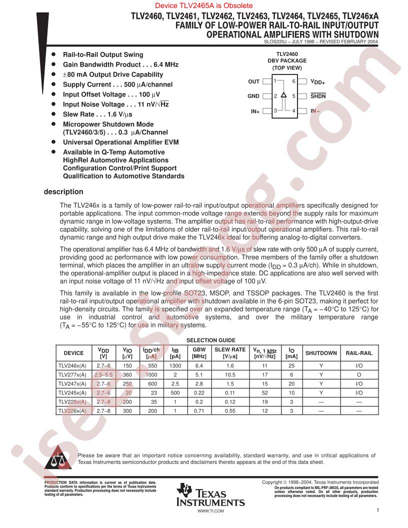 TLV2460-65, TLV246xA Datasheet