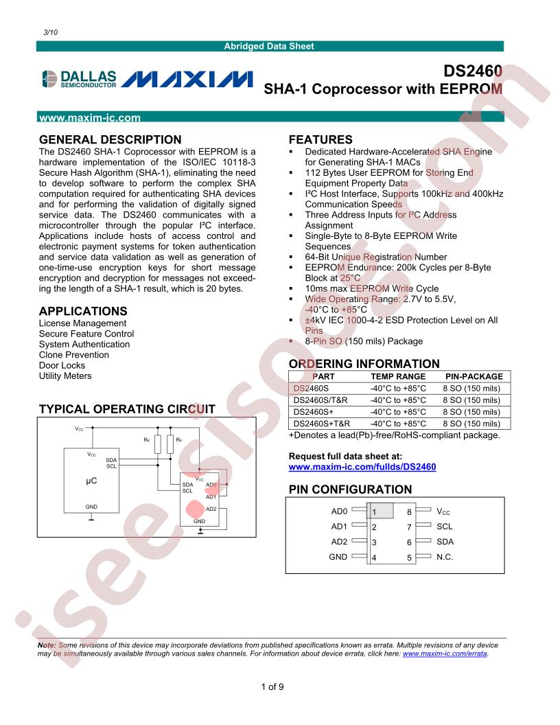 DS2460S Abridged Datasheet