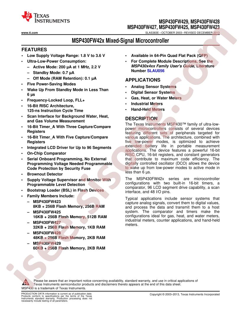 MSP430xW42x Datasheet