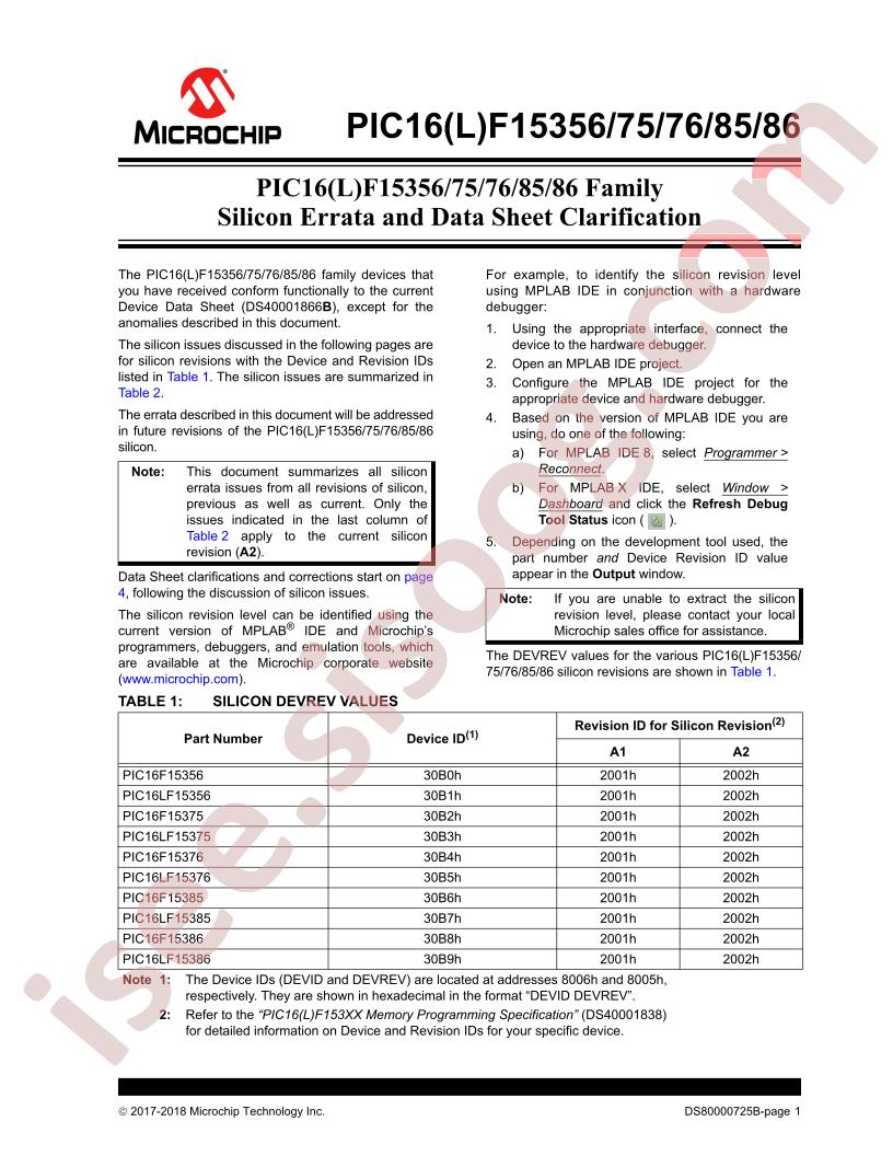 PIC16(L)F153xx Errata, Clarification