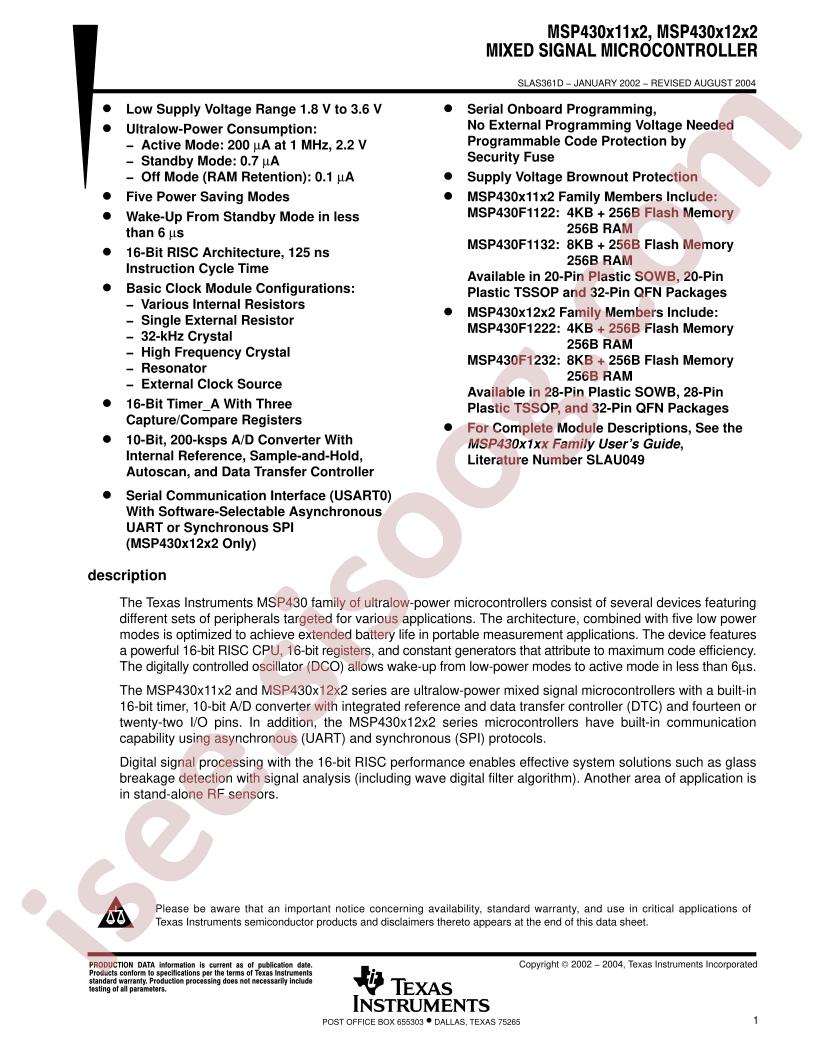 MSP430x11x2/12x2 Datasheet