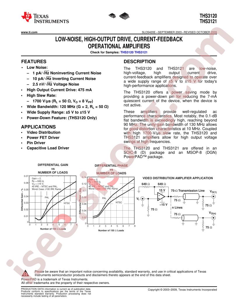 THS3120, THS3121 Datasheet