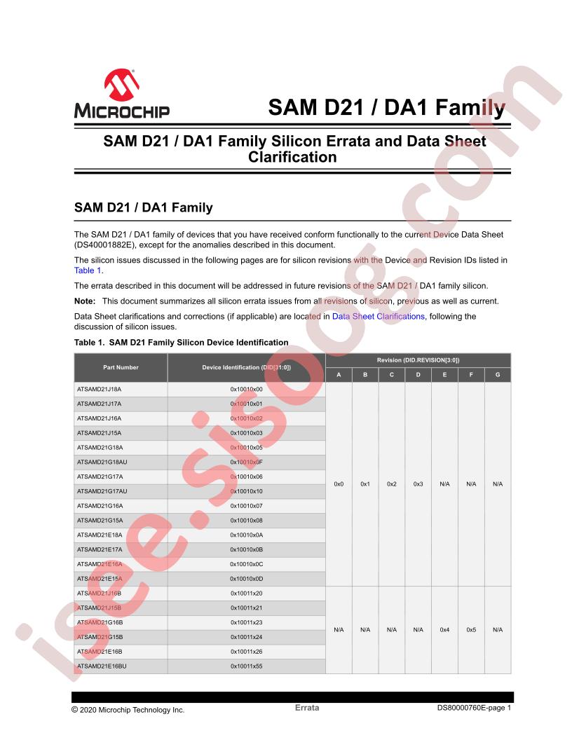 SAM D21 Family Errata, Clarification