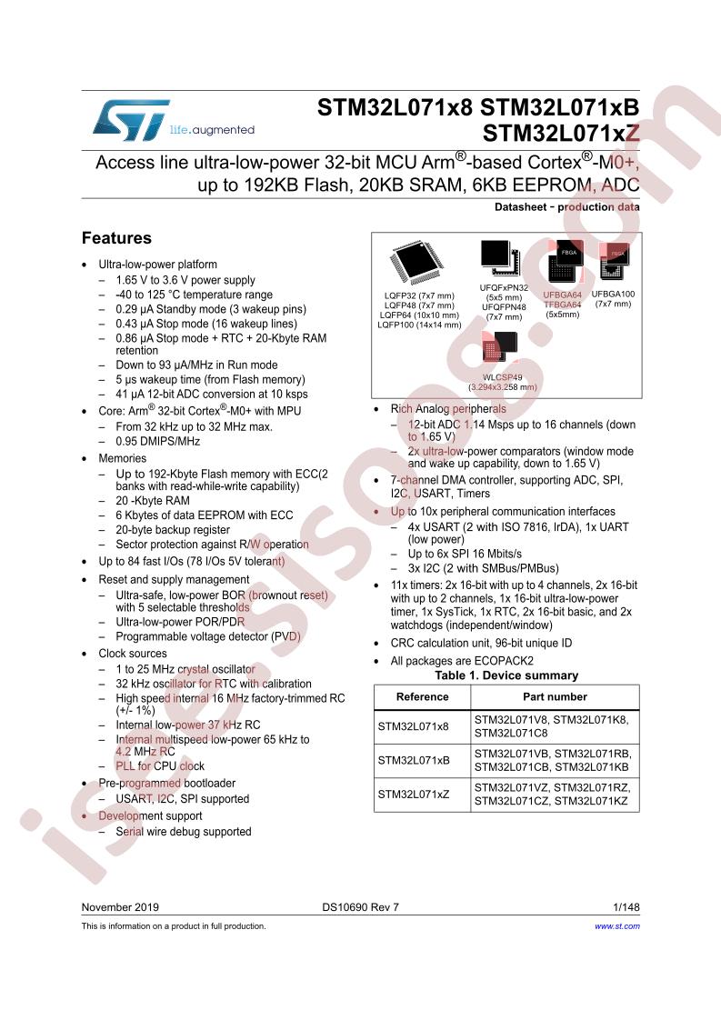 STM32L071x8,xB,xZ Datasheet