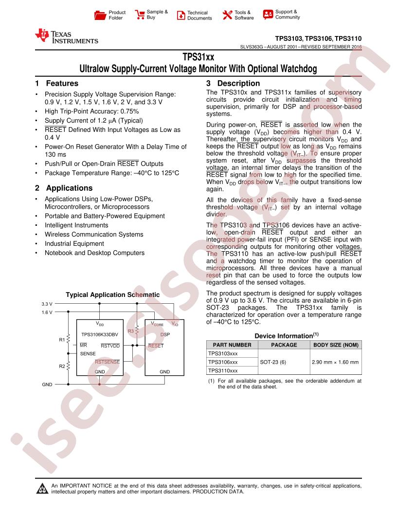 TPS3103, 06, 10 Datasheet