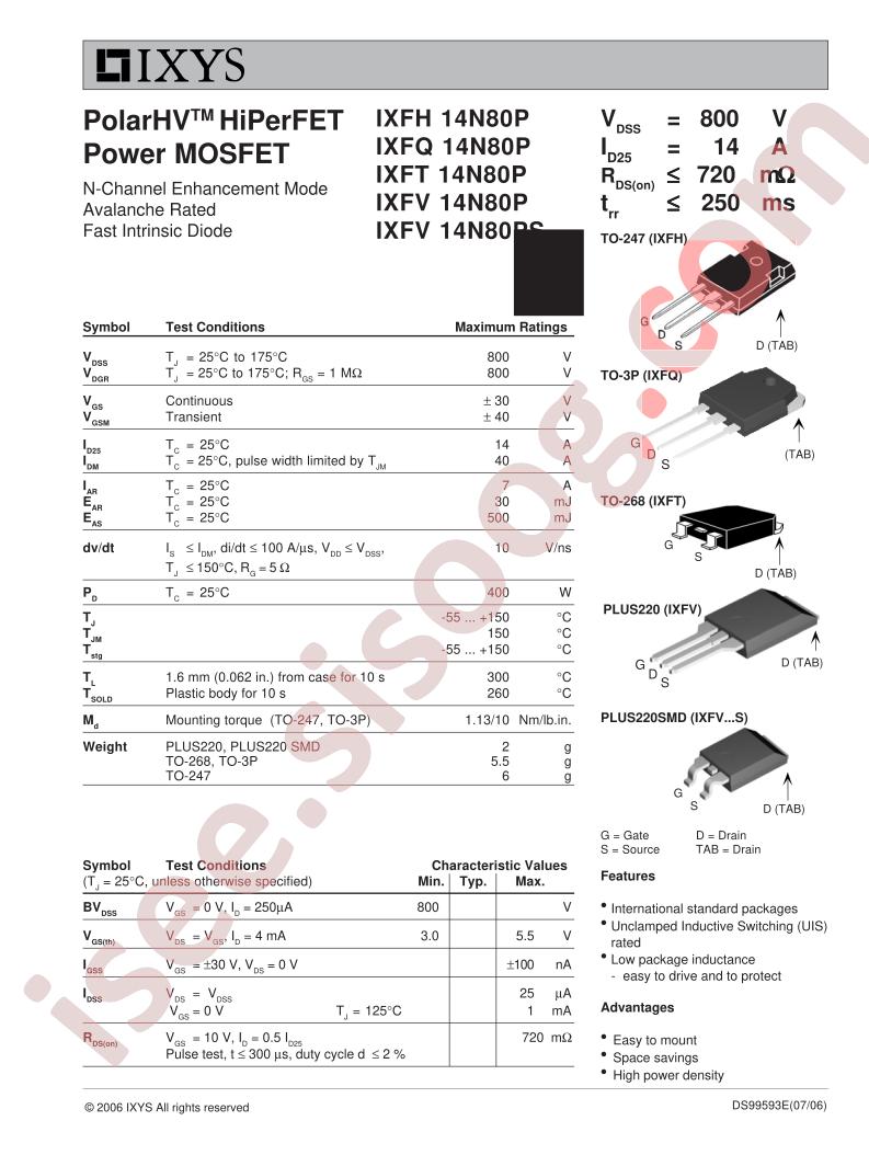 IXF(H/Q/T)14N80P, IXFV14N80P/PS