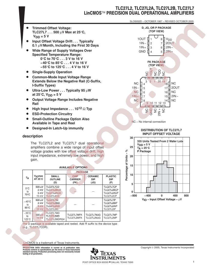 TLC27L2(A, B), TLC27L7 Datasheet