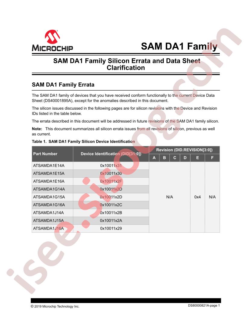 SAM DA1 Family Silicon Errata~