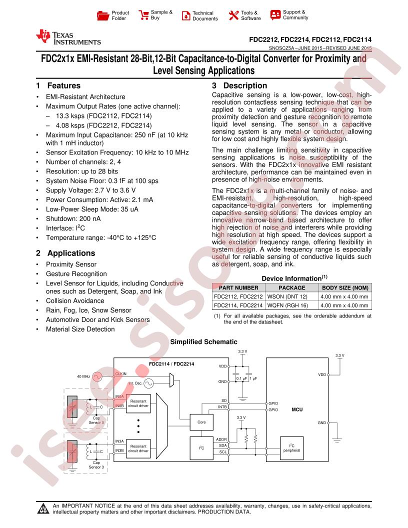 FDC2212/14, FDC2112/14 Datasheet