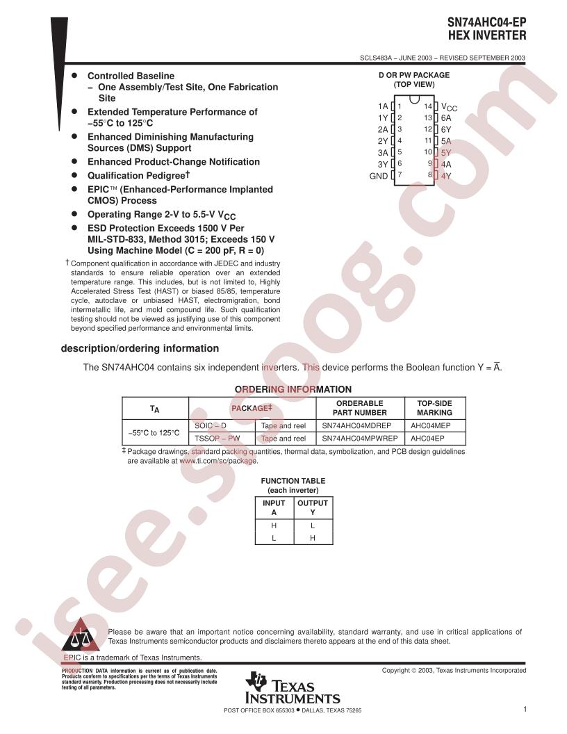 SN74AHC04-EP