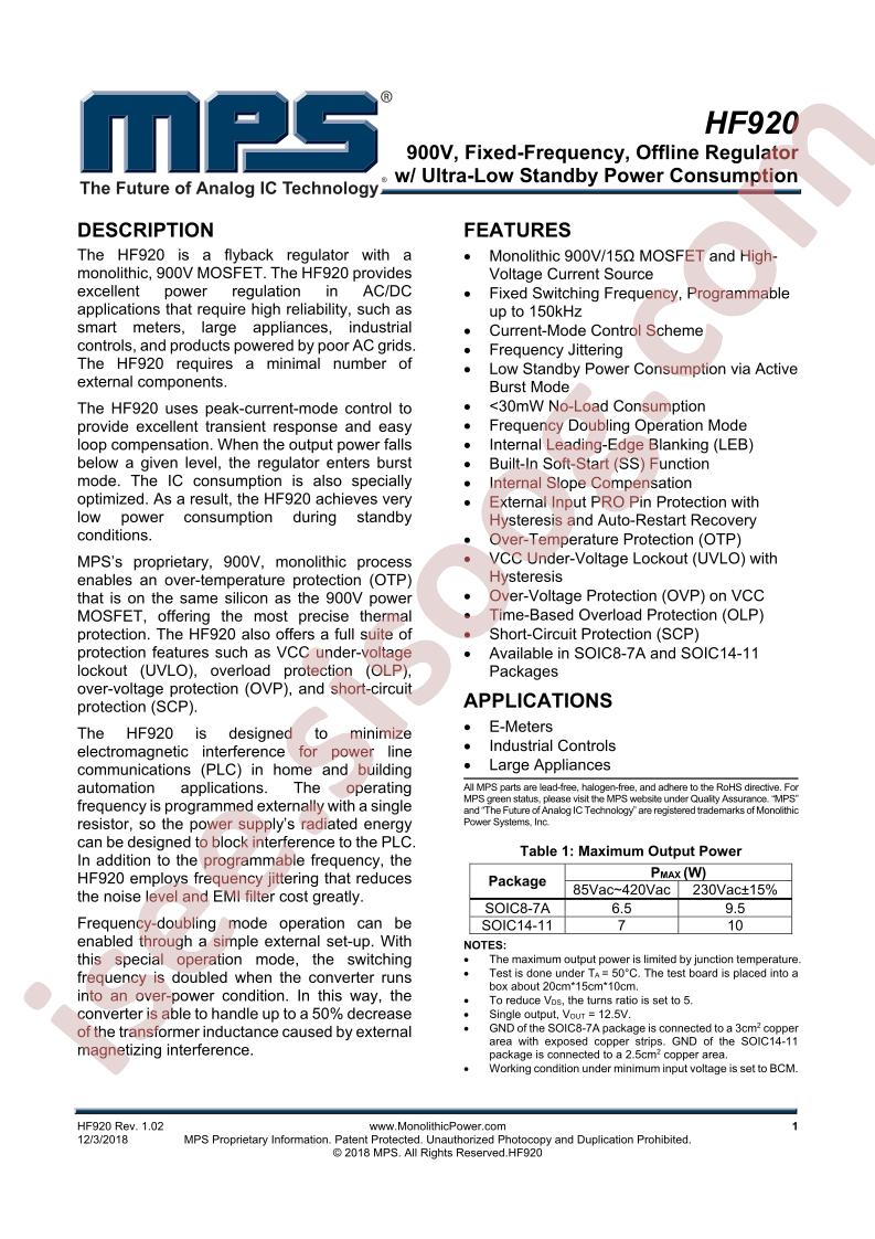 HF920 Datasheet