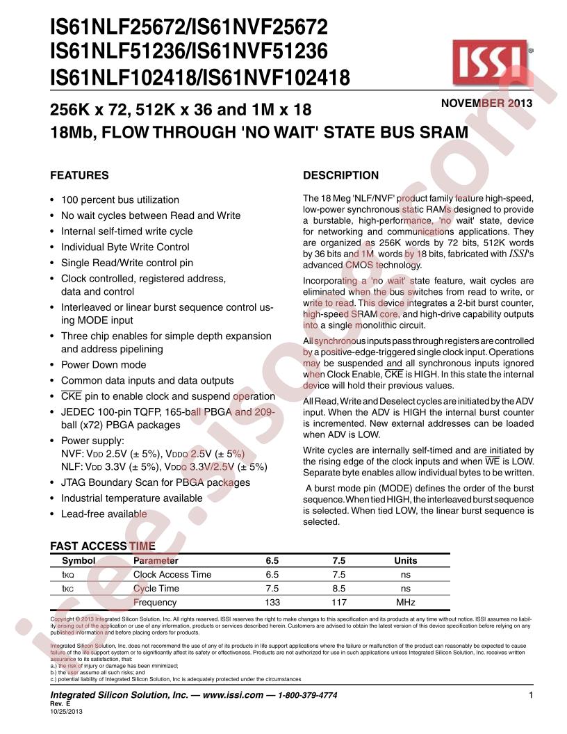 IS61N(LF,VF)25672, 51236, 102418
