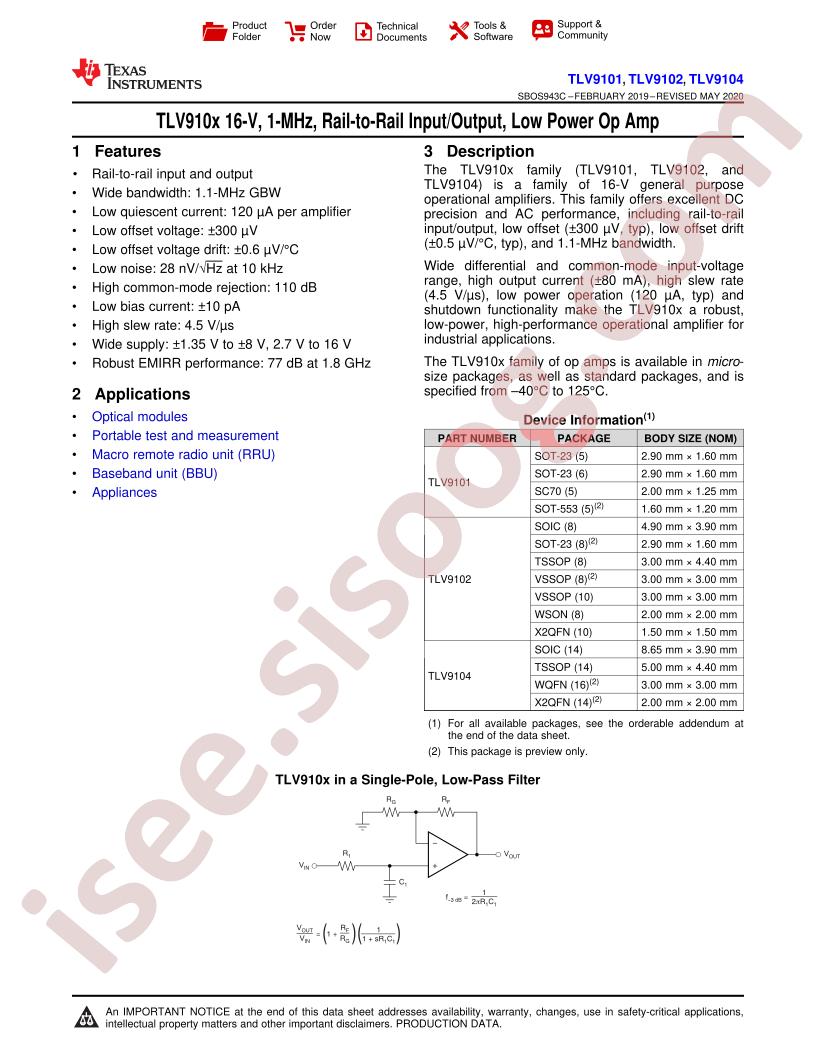 TLV910(1,2,4) Datasheet