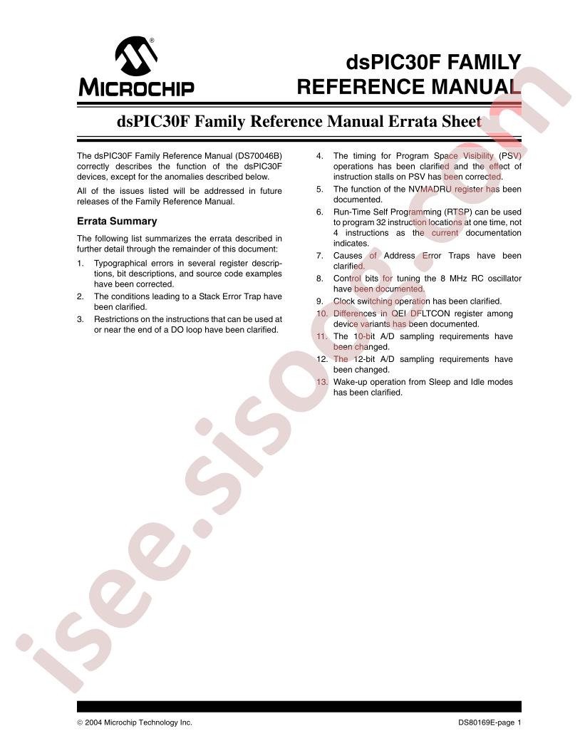 dsPIC30F Ref Manual Errata