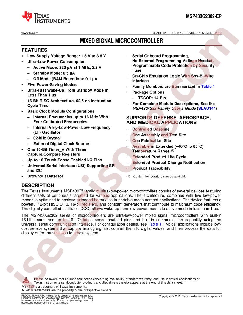 MSP430G2302-EP Datasheet
