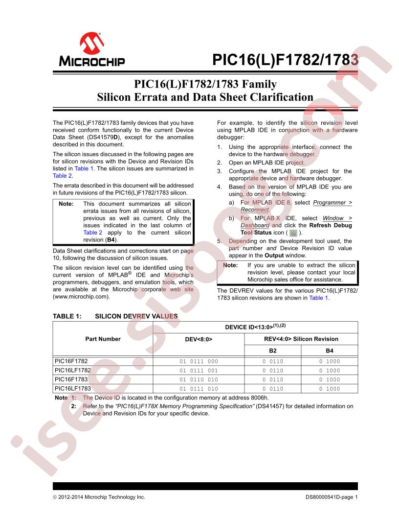 PIC16(L)F1782,83 Errata & Datasheet Clarification