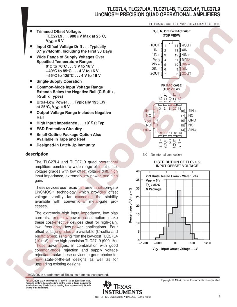 TLC27L4(A,B,Y), TLC27L9 Datasheet