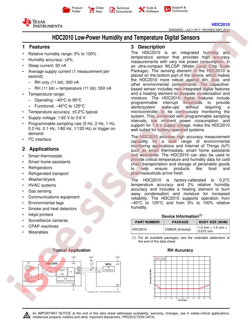 HDC2010 Datasheet