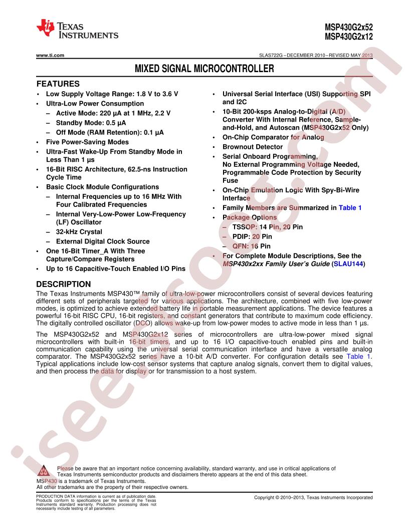 MSP430G2x12,x52 Datasheet