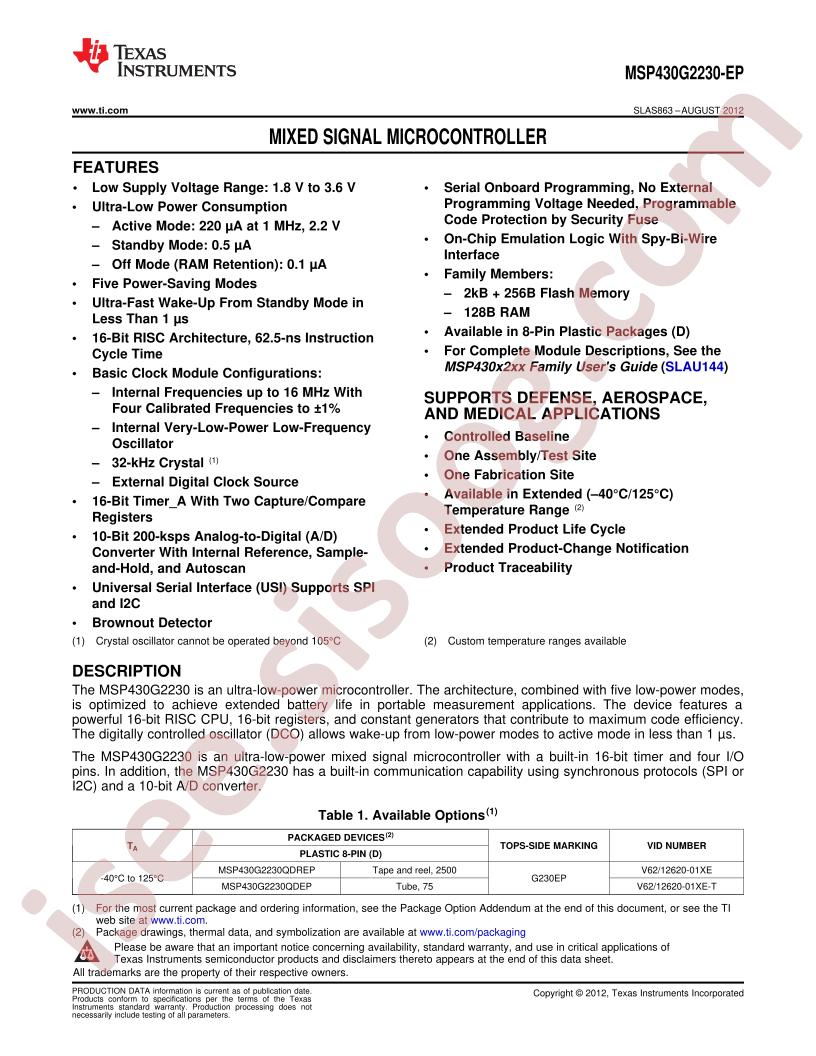 MSP430G2230-EP Datasheet