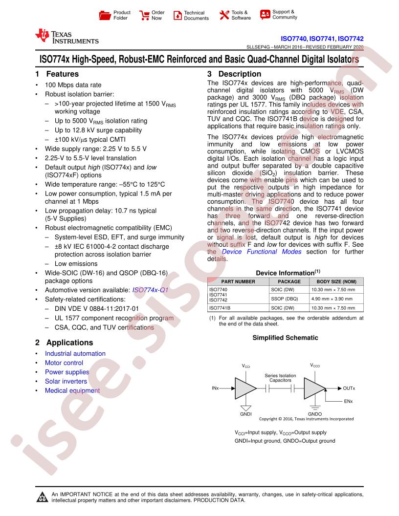 ISO7740, 41, 42 Datasheet