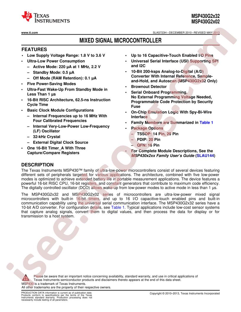 MSP430G2xx2 Datasheet