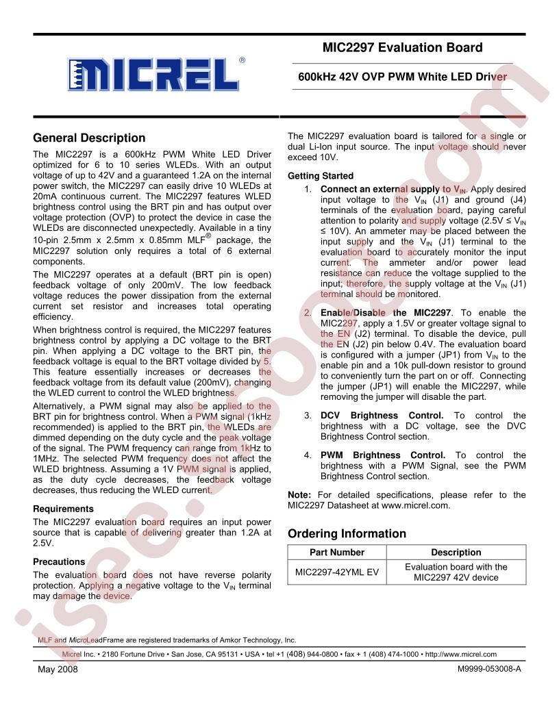 MIC2297 Eval Board User Guide