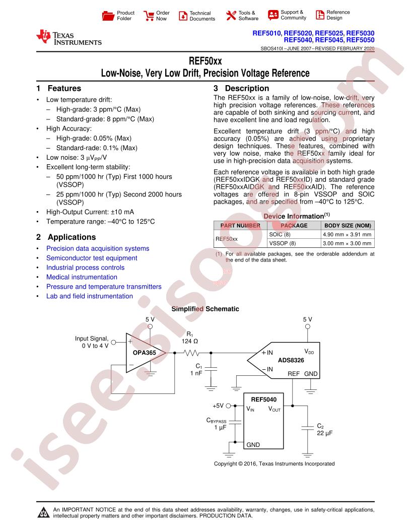 REF5020,25,30,40,45,50 Datasheet