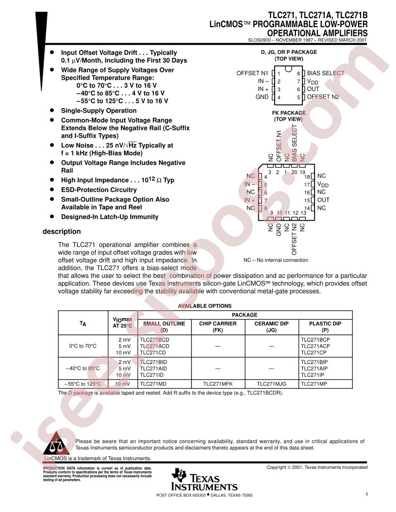 TLC271(A,B) Datasheet