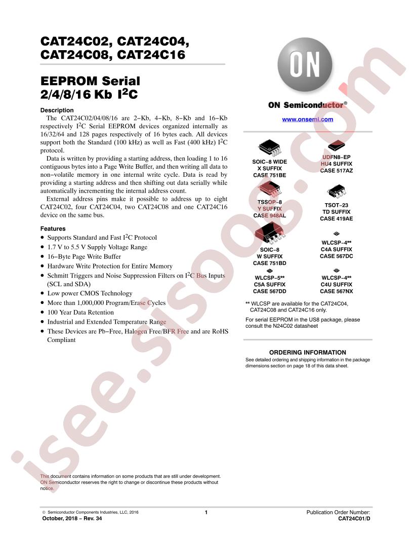 CAT24C01,2,4,8,16 Datasheet