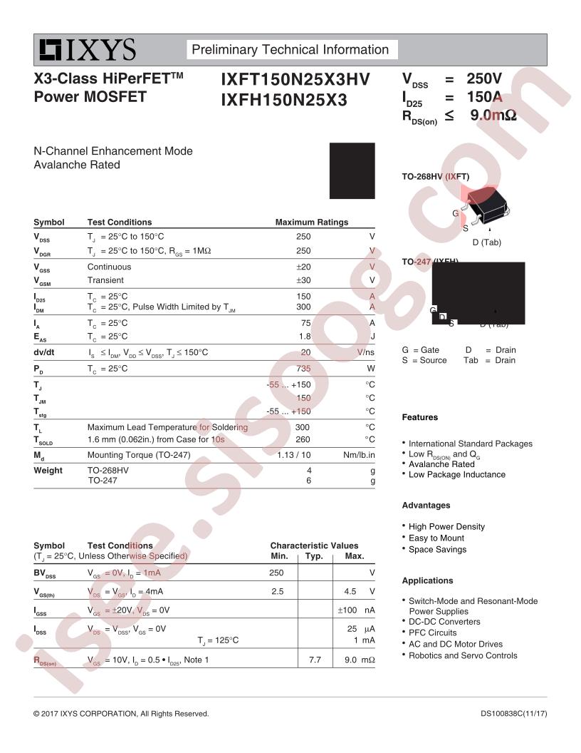 IXFH150N25X3, IXFT150N25X3HV