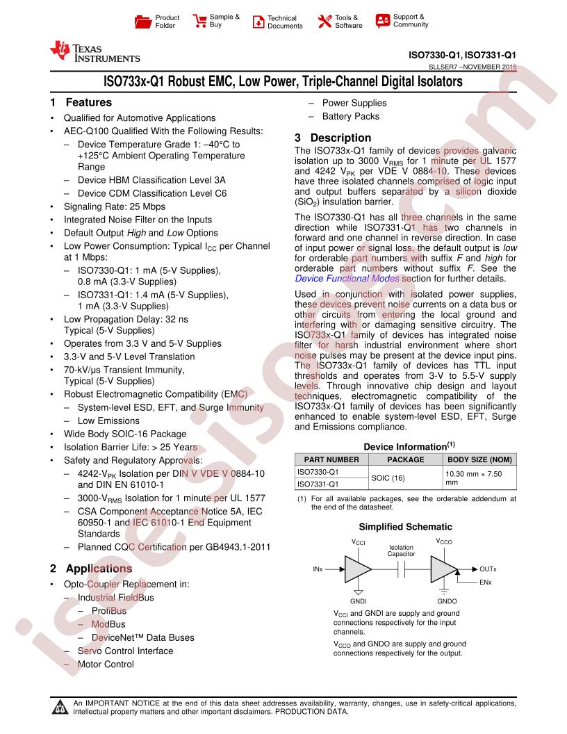 ISO7330-Q1,ISO7331-Q1 Datasheet