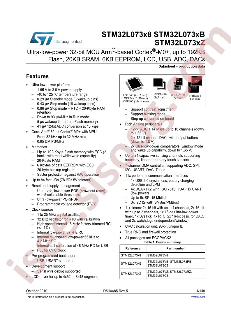 STM32L073x8, xB, xZ Datasheet