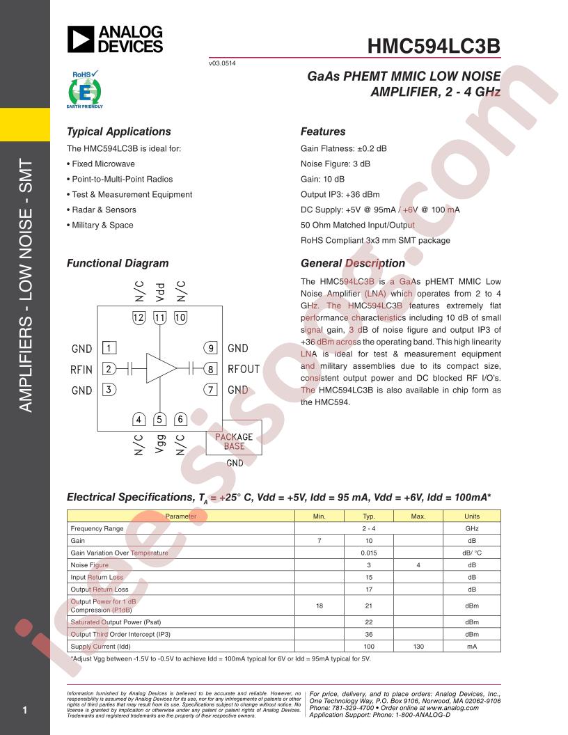 HMC594LC3B Datasheet