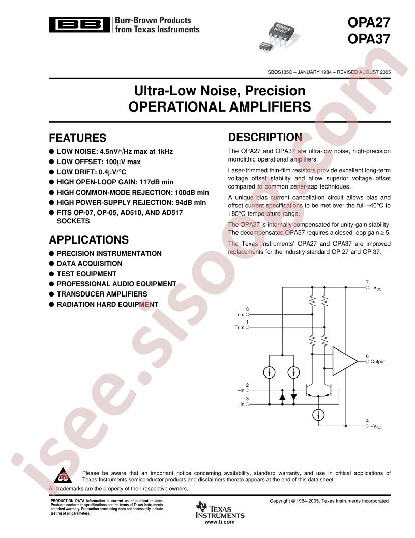 OPA27, OPA37 Datasheet