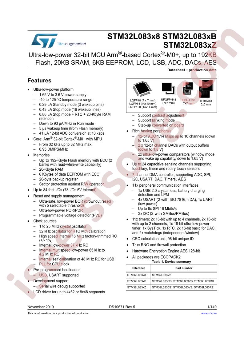 STM32L083x8, xB, xZ Datasheet