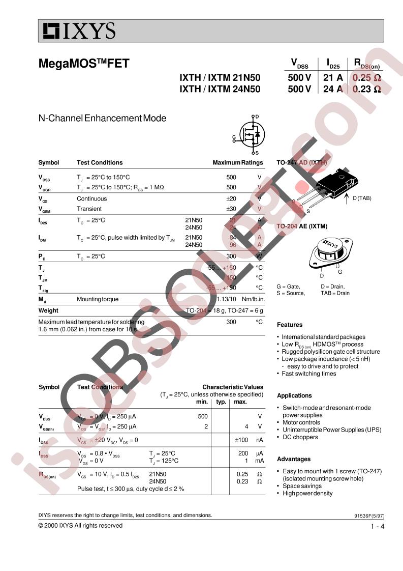 IXTH/IXTM 21N50, 24N50