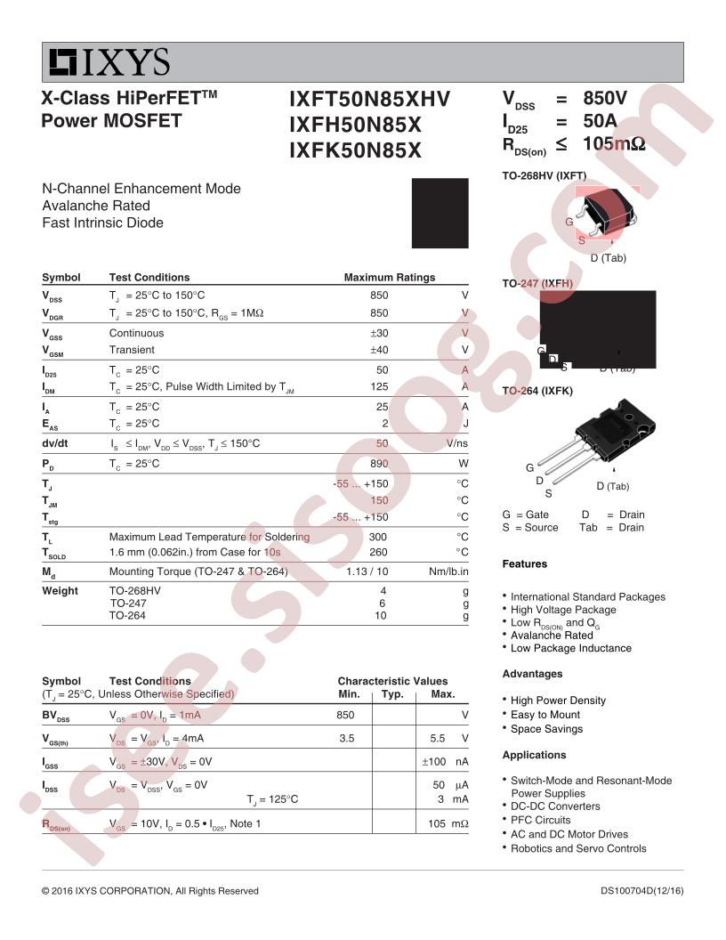 IXFT50N85XHV, IXF(H,K)50N85X