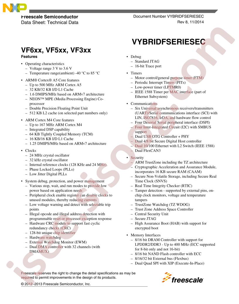 VF6xx,VF5xx,VF3xx Datasheet