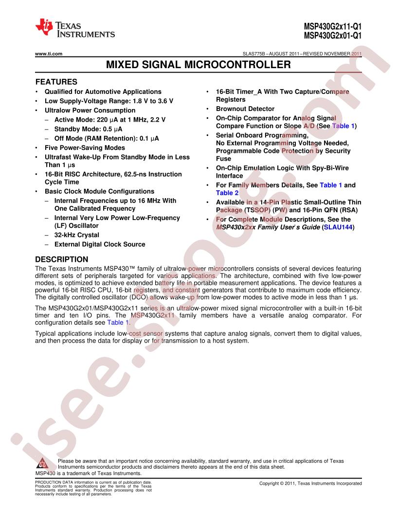 MSP430G2xx1-Q1 Datasheet