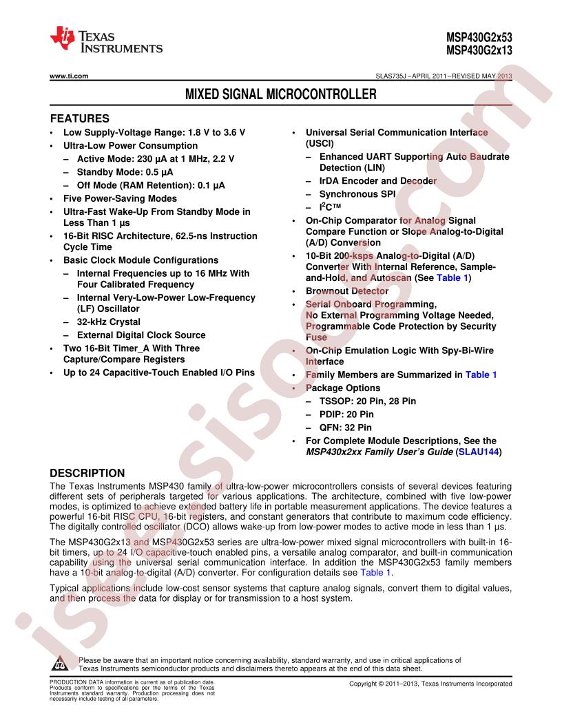 MSP430G2x53,x13 Datasheet