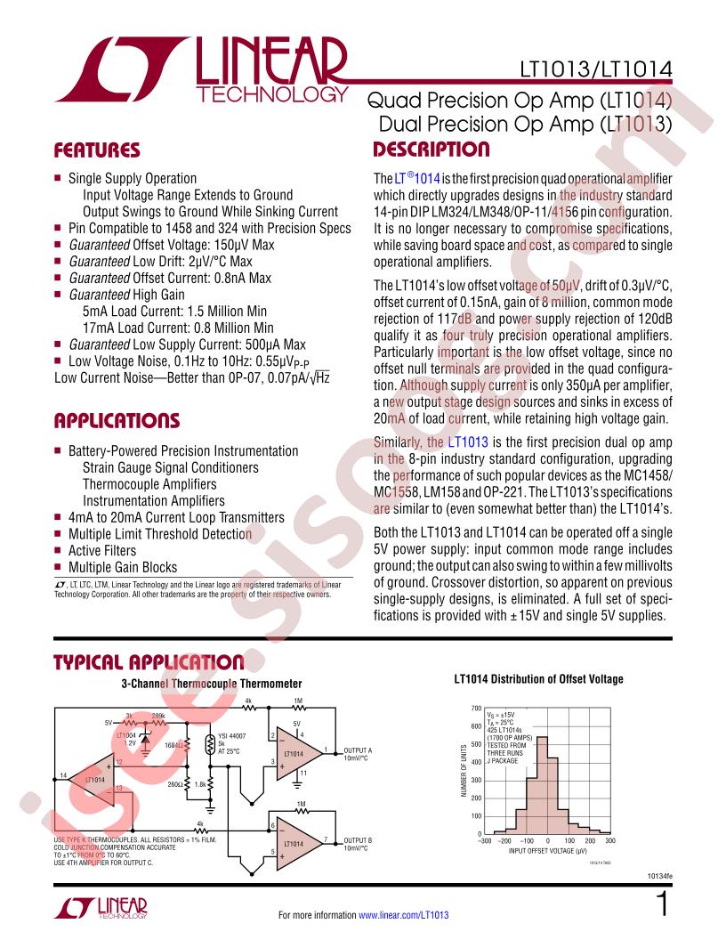 LT1013, LT1014 Datasheet