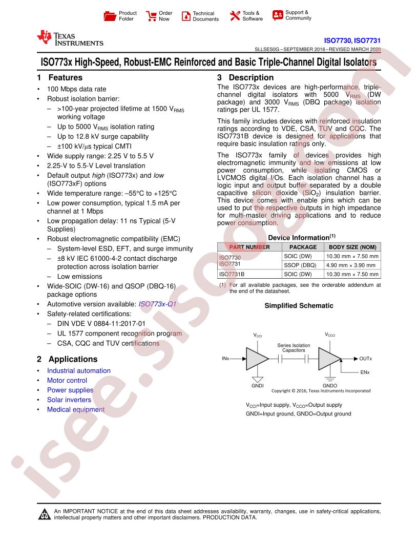 ISO7730, ISO7731 Datasheet