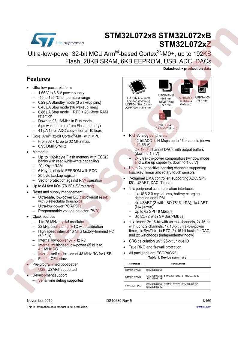 STM32L072x8, STM32L072xB, STM32L072xZ Datasheet