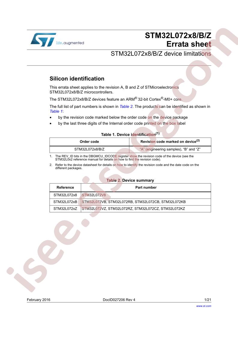 STM32L072x8, STM32L072xB, STM32L072xZ Errata