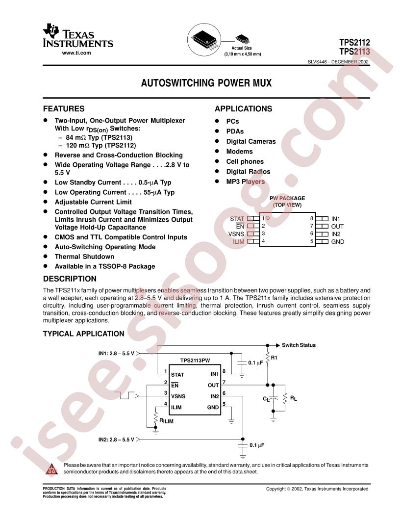 TPS2112, TPS2113 Datasheet