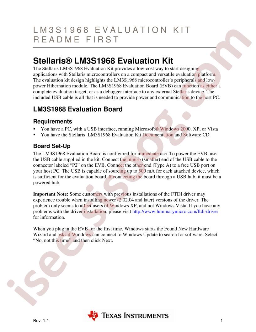 LM3S1968 Eval Kit README First