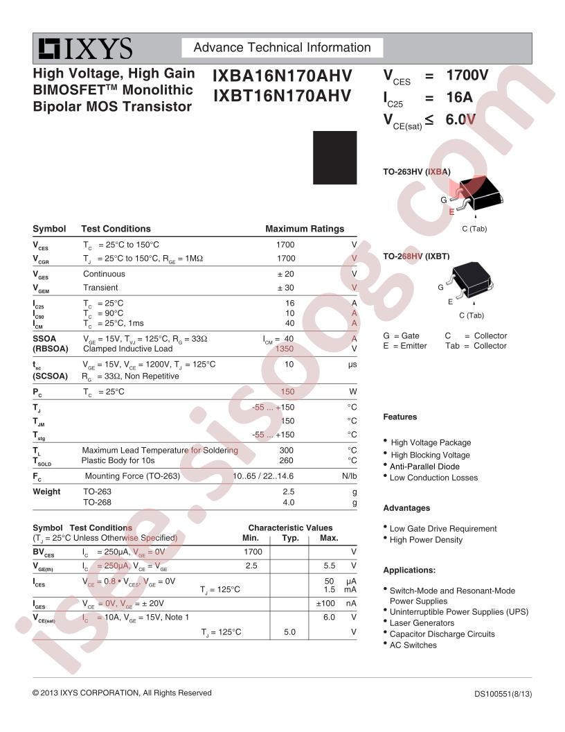 IXBA16N170AHV, IXBT16N170AHV
