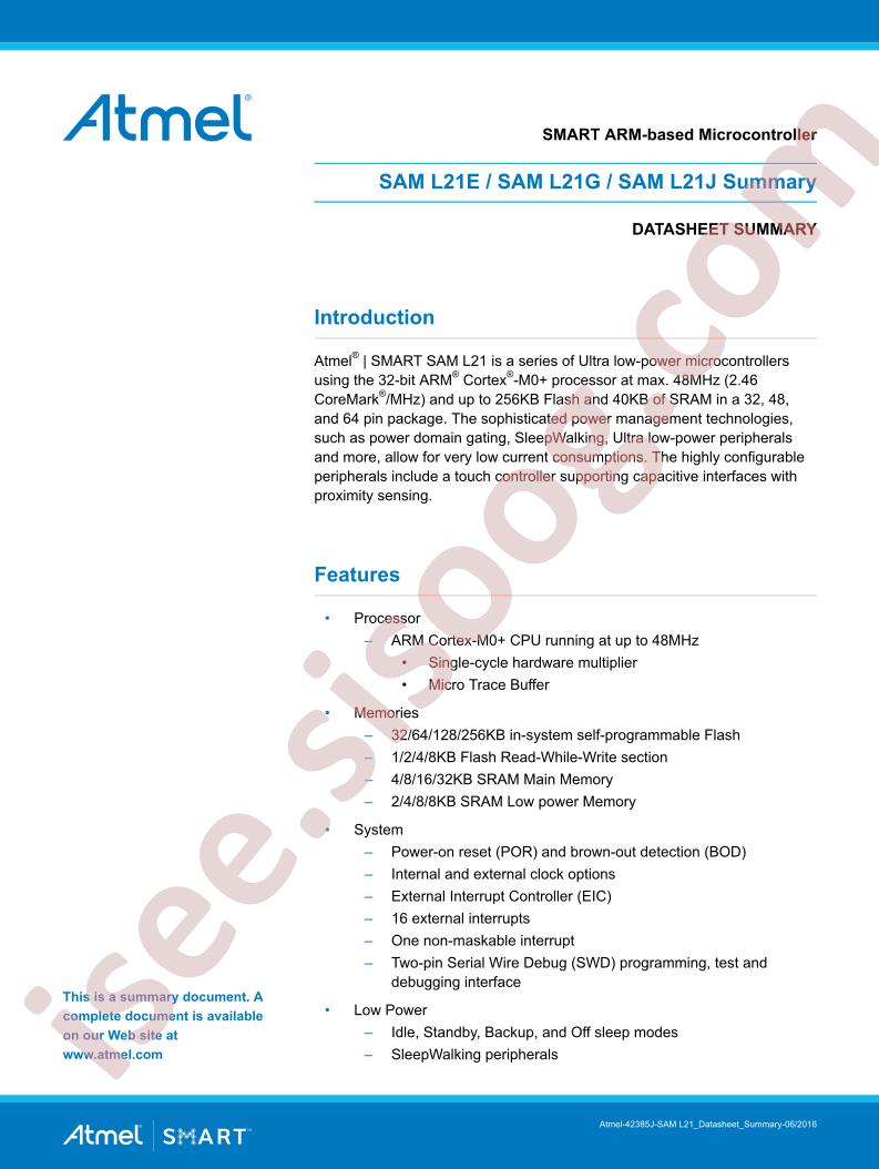 SAM L21(E,G,J) Datasheet Summary