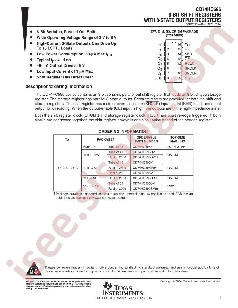 CD74HC595 Datasheet